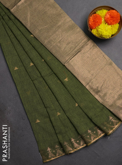 Bengal soft cotton saree mehendi green with allover thread woven buttas and zari woven border