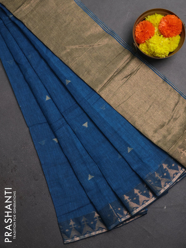 Bengal soft cotton saree cs blue with allover thread woven buttas and zari woven border