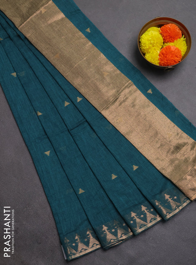 Bengal soft cotton saree peacock green with allover thread woven buttas and zari woven border