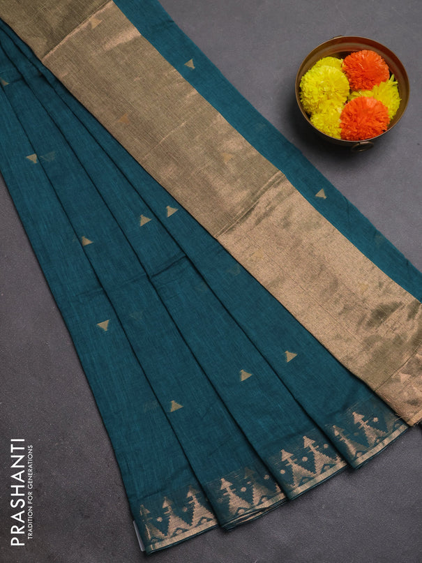 Bengal soft cotton saree peacock green with allover thread woven buttas and zari woven border
