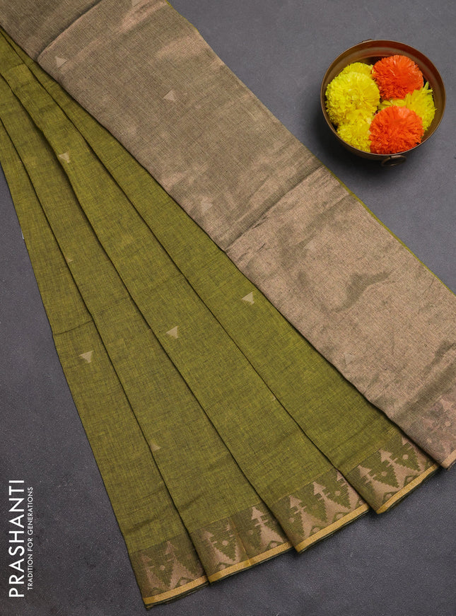 Bengal soft cotton saree lime green with allover thread woven buttas and zari woven border