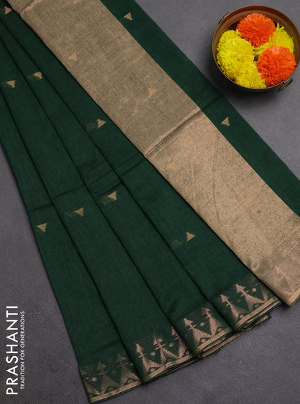 Bengal soft cotton saree bottle green with allover thread woven buttas and zari woven border
