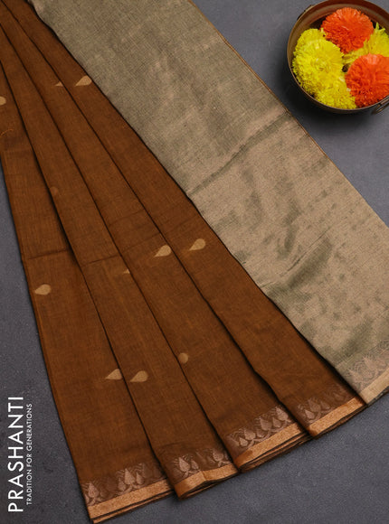 Bengal soft cotton saree dark mustard with allover thread woven buttas and thread woven border