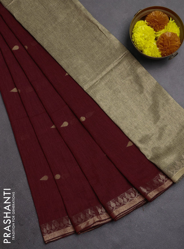 Bengal soft cotton saree maroon with allover thread woven buttas and thread woven border