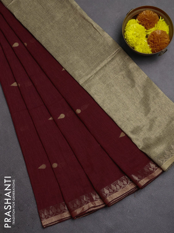 Bengal soft cotton saree maroon with allover thread woven buttas and thread woven border