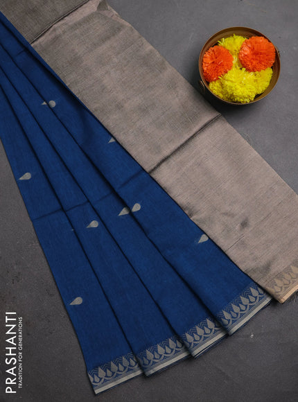 Bengal soft cotton saree cs blue with allover thread woven buttas and zari woven border