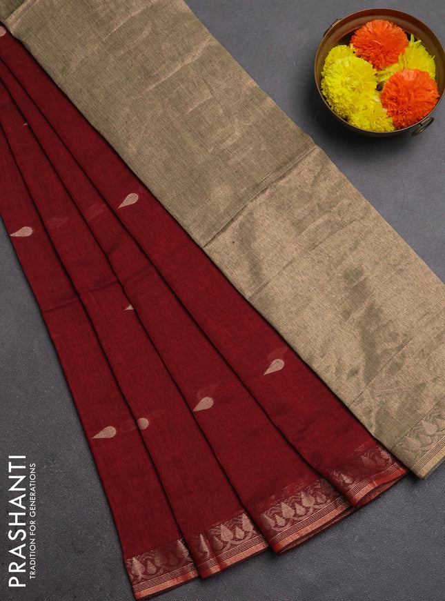 Bengal soft cotton saree maroon with allover thread woven buttas and thread woven border