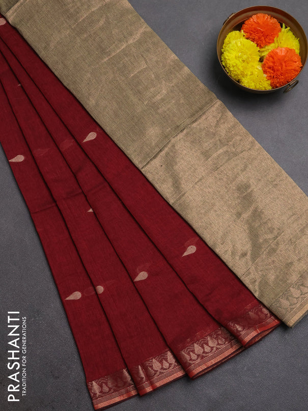 Bengal soft cotton saree maroon with allover thread woven buttas and thread woven border