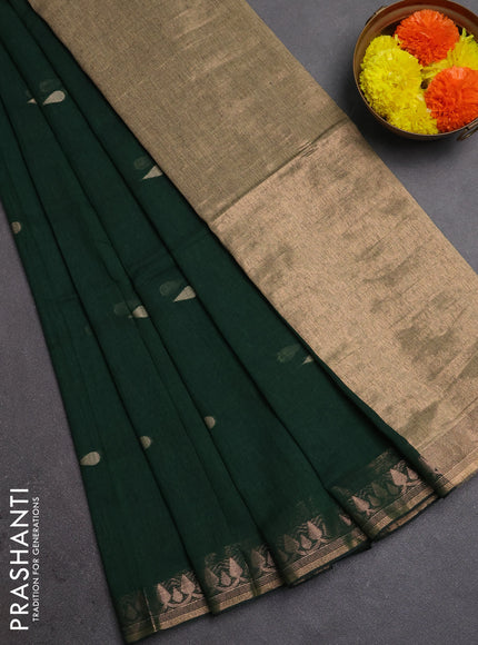 Bengal soft cotton saree bottle green with allover thread woven buttas and thread woven border
