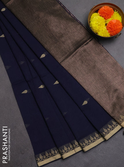 Bengal soft cotton saree navy blue with allover thread woven buttas and thread woven border