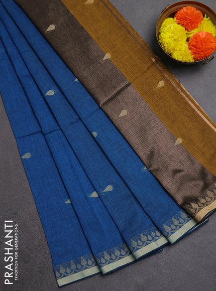 Bengal soft cotton saree cs blue and mustard yellow with allover thread woven buttas and thread woven border