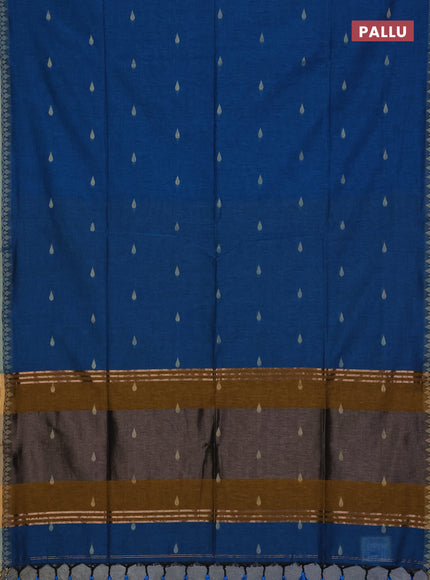 Bengal soft cotton saree cs blue and mustard yellow with allover thread woven buttas and thread woven border