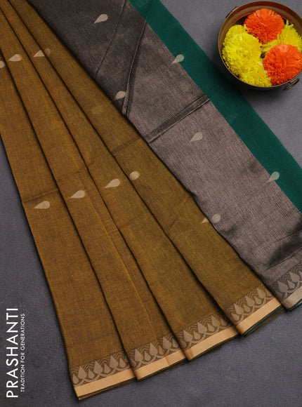 Bengal soft cotton saree dark mustard and green with allover thread woven buttas and thread woven border