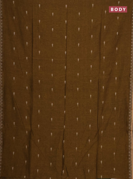Bengal soft cotton saree dark mustard and green with allover thread woven buttas and thread woven border