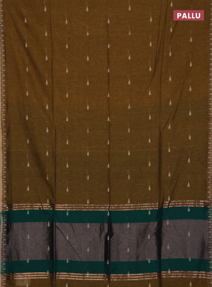 Bengal soft cotton saree dark mustard and green with allover thread woven buttas and thread woven border