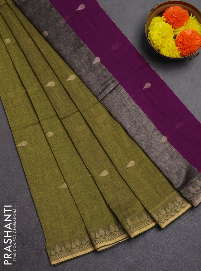 Bengal soft cotton saree light green and purple with allover thread woven buttas and thread woven border