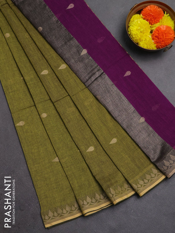 Bengal soft cotton saree light green and purple with allover thread woven buttas and thread woven border