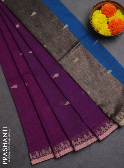 Bengal soft cotton saree purple and cs blue with allover thread woven buttas and thread woven border