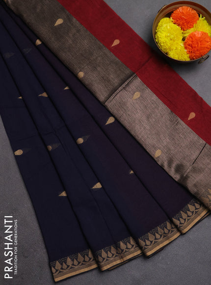 Bengal soft cotton saree navy blue and red with allover thread woven buttas and thread woven border