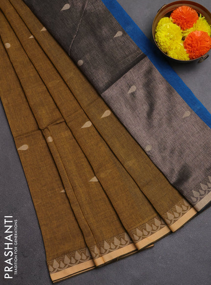 Bengal soft cotton saree dark mustard and cs blue with allover thread woven buttas and thread woven border