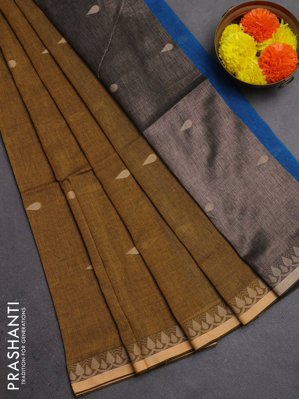 Bengal soft cotton saree dark mustard and cs blue with allover thread woven buttas and thread woven border