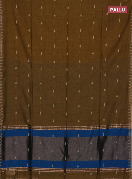 Bengal soft cotton saree dark mustard and cs blue with allover thread woven buttas and thread woven border