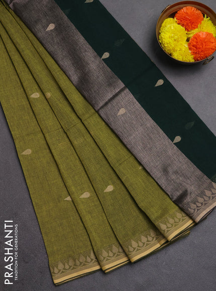 Bengal soft cotton saree lime green and bottle green with allover thread woven buttas and thread woven border
