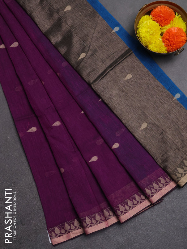 Bengal soft cotton saree purple and cs blue with allover thread woven buttas and thread woven border