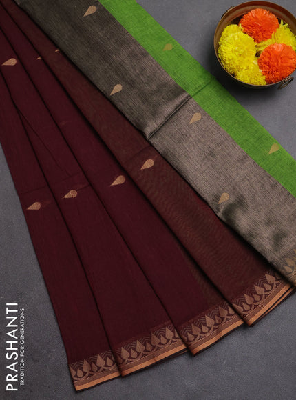 Bengal soft cotton saree deep maroon and light green with allover thread woven buttas and thread woven border
