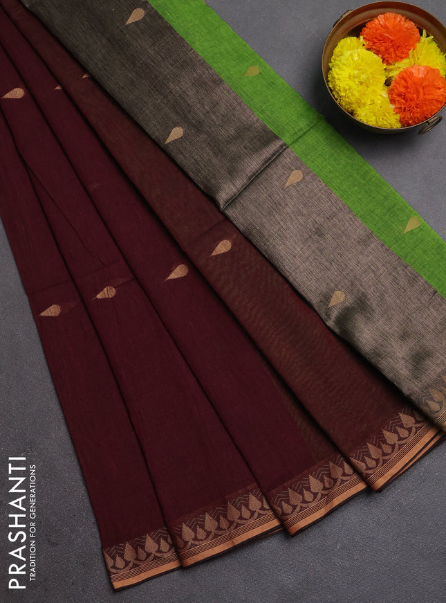 Bengal soft cotton saree deep maroon and light green with allover thread woven buttas and thread woven border