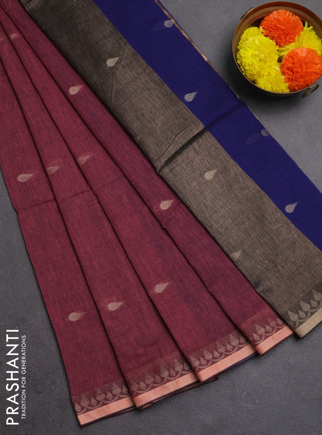Bengal soft cotton saree light pink and navy blue with allover thread woven buttas and thread woven border