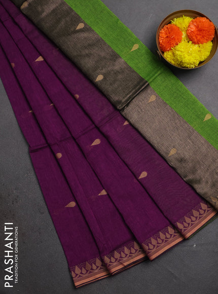 Bengal soft cotton saree purple and light green with allover thread woven buttas and thread woven border
