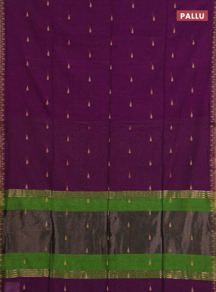 Bengal soft cotton saree purple and light green with allover thread woven buttas and thread woven border