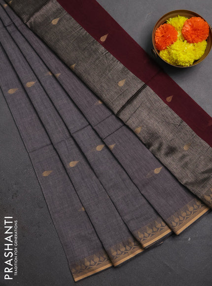 Bengal soft cotton saree grey and deep maroon with allover thread woven buttas and thread woven border