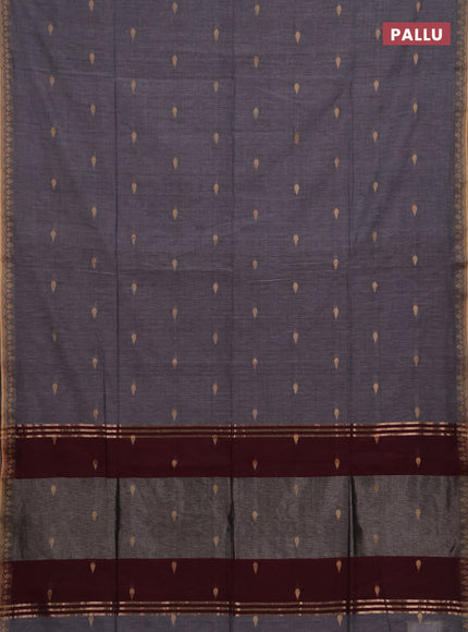 Bengal soft cotton saree grey and deep maroon with allover thread woven buttas and thread woven border