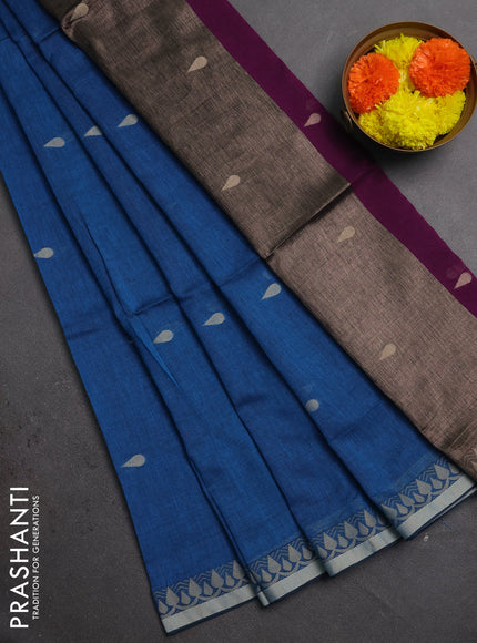 Bengal soft cotton saree cs blue and deep purple with allover thread woven buttas and thread woven border