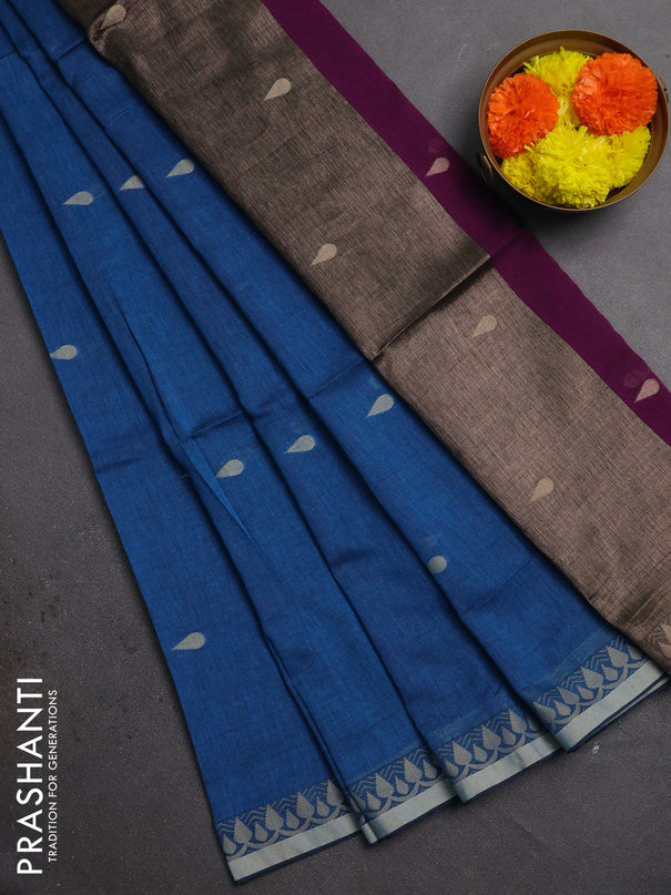 Bengal soft cotton saree cs blue and deep purple with allover thread woven buttas and thread woven border