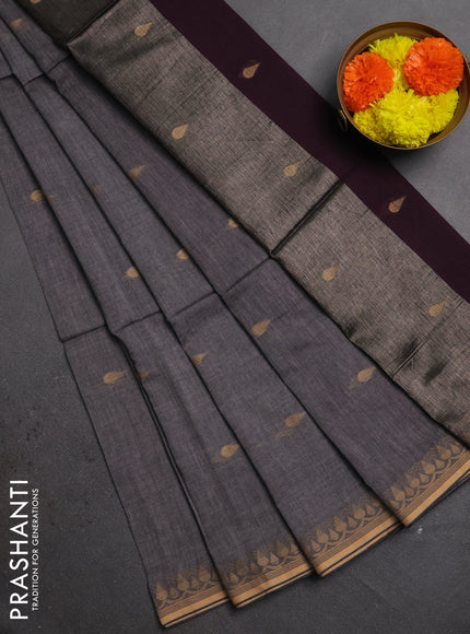 Bengal soft cotton saree grey and deep purple with allover thread woven buttas and thread woven border