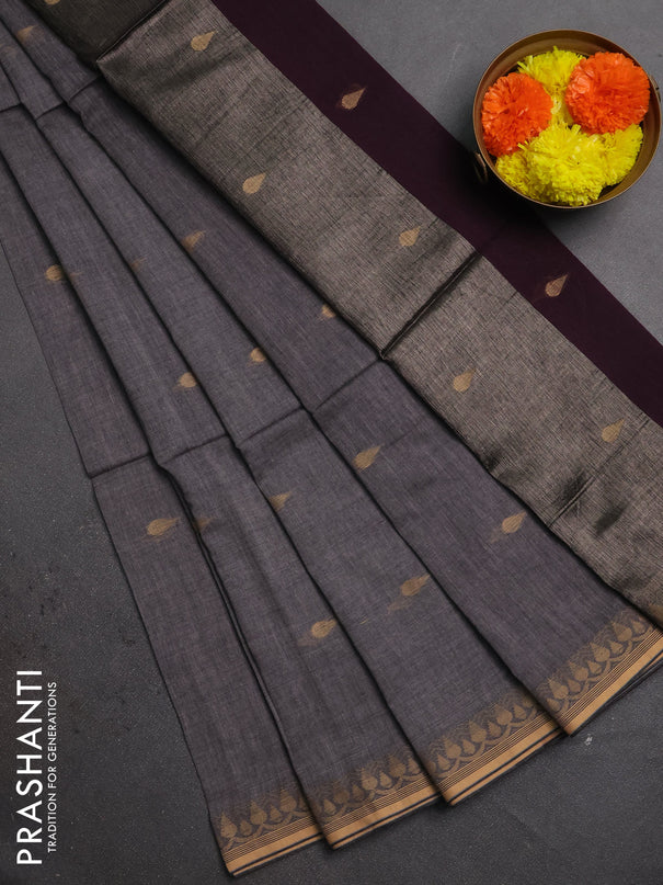 Bengal soft cotton saree grey and deep purple with allover thread woven buttas and thread woven border