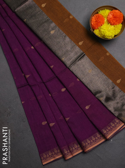 Bengal soft cotton saree dark mustard and purple with allover thread woven buttas and thread woven border