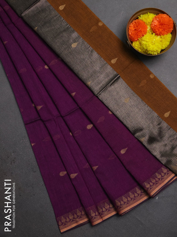 Bengal soft cotton saree dark mustard and purple with allover thread woven buttas and thread woven border