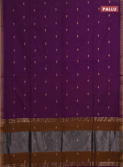 Bengal soft cotton saree dark mustard and purple with allover thread woven buttas and thread woven border