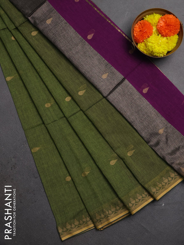 Bengal soft cotton saree light green and purple with allover thread woven buttas and thread woven border