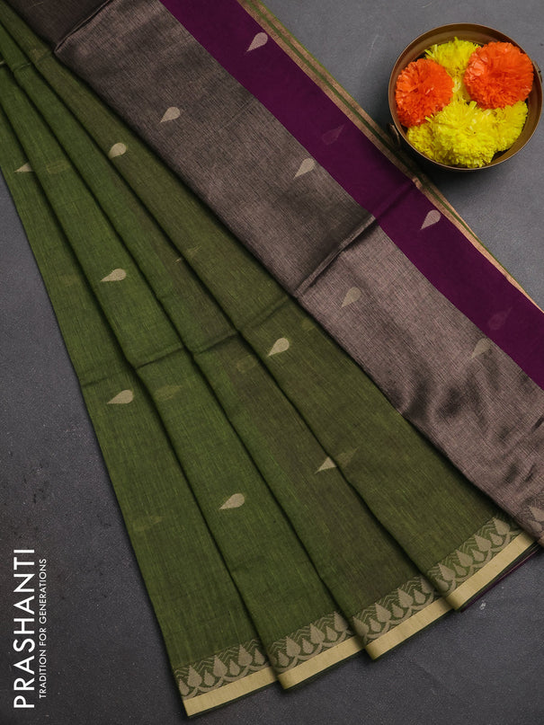 Bengal soft cotton saree light green and purple with allover thread woven buttas and thread woven border