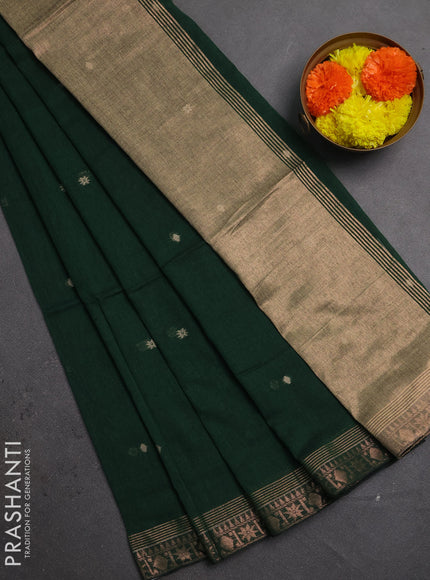 Bengal soft cotton saree dark green with allover thread woven buttas and zari woven border