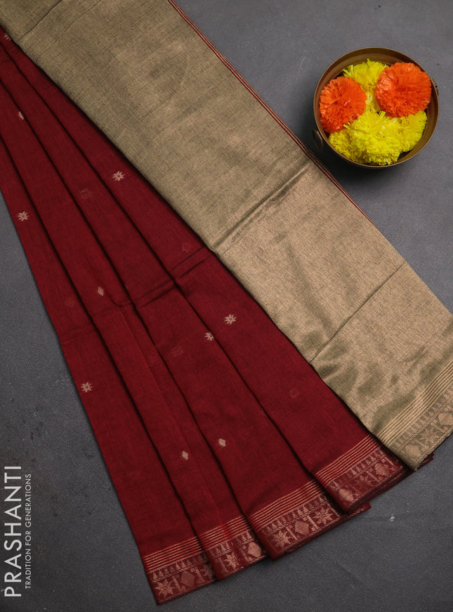 Bengal soft cotton saree maroon with allover thread woven buttas and zari woven border