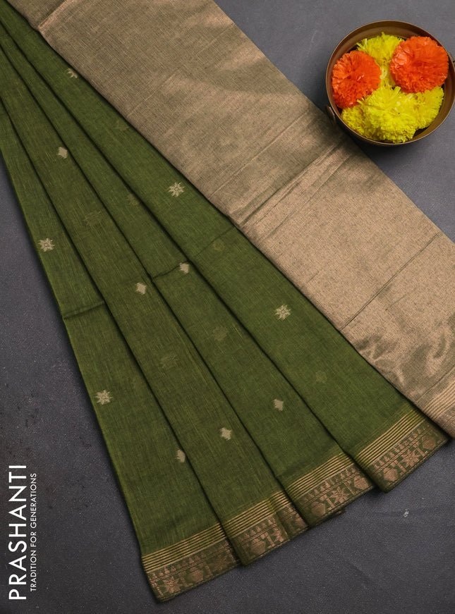 Bengal soft cotton saree mehendi green with allover thread woven buttas and zari woven border