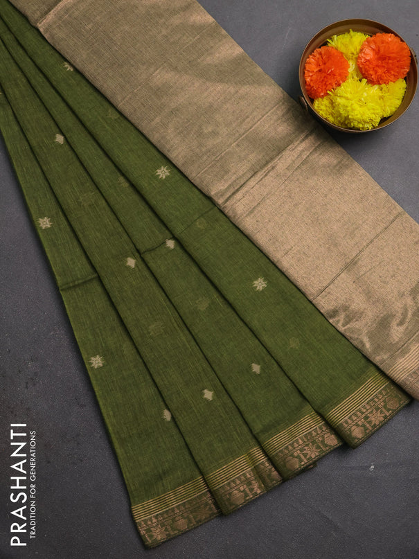 Bengal soft cotton saree mehendi green with allover thread woven buttas and zari woven border
