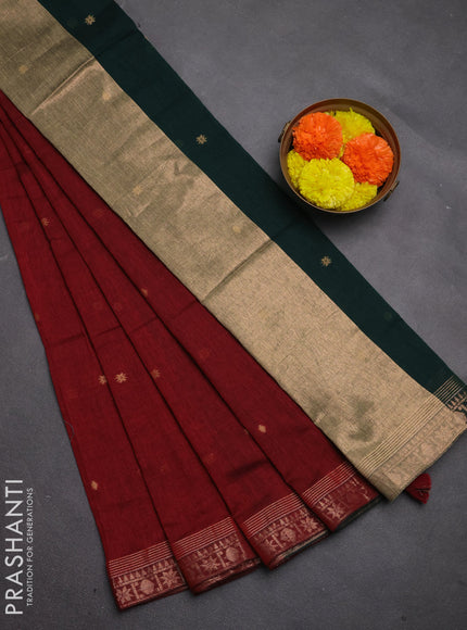 Bengal soft cotton saree maroon and dark green with allover thread woven buttas and zari woven border