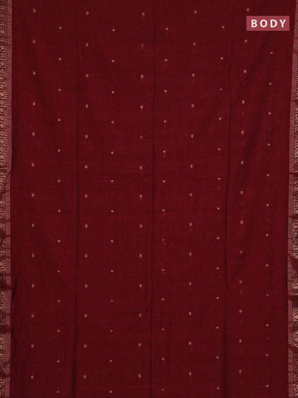 Bengal soft cotton saree maroon and dark green with allover thread woven buttas and zari woven border